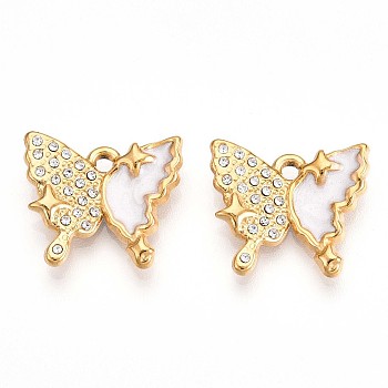 Ion Plating(IP) 304 Stainless Steel Enamel Rhinestone Pendants, Butterfly, Real 18K Gold Plated, Crystal, 14.5x16.8x3mm, Hole: 1.6mm