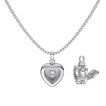 925 Sterling Silver Pendant Necklaces, Micro Pave Cubic Zirconia, Heart, Real Platinum Plated, 15.83 inch(40.2cm)