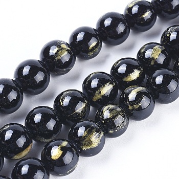 Natural Jade Beads Strands, with Gold Foil, Dyed, Round, Black, 4mm, Hole: 1mm, about 92~95pcs/strand ,14.96 inch(38cm)