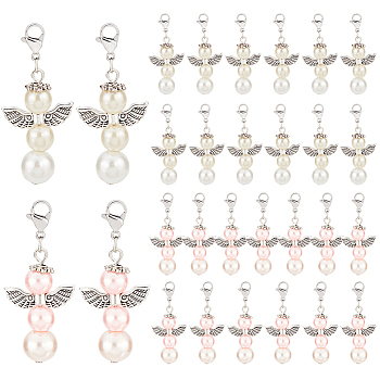 Elite 40Pcs 2 Colors Alloy Pendants, with Brass Lobster Claw Clasps and Glass Pearl, Angel, Antique Silver, Mixed Color, 47mm, 20pcs/color
