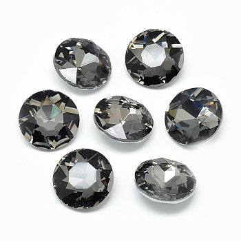 Pointed Back Glass Rhinestone Cabochons, Back Plated, Faceted, Flat Round, Gray, 14x5.8mm
