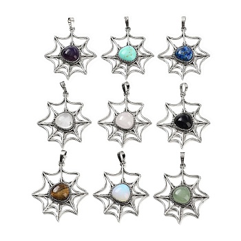 Gemstone Spider Web Pendants, Rack Plating Antique Silver Plated Brass Halloween Net Charms, Cadmium Free & Lead Free, 44.5x37.5x7mm, Hole: 7.5x5mm