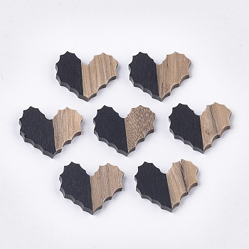 Resin & Walnut Wood Cabochons, Heart, Black, 20.5x24~24.5mmx3mm