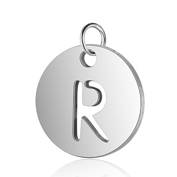 304 Stainless Steel Charms, Flat Round with Letter, Stainless Steel Color, Letter.R, 12x1mm, Hole: 2.5mm