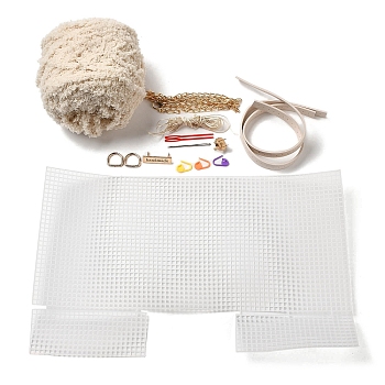 DIY Knitting Crochet Bags Kit, Including Yarn, Mesh Plastic Canvas Sheets, Bag Handles, Bag Strap Chains, Knitting Needles, Thread, Snap Button, Clothing Labels, D Ring, Stitch Markers, for DIY Craft Shoulder Bags Accessories, Antique White, 150x130mm
