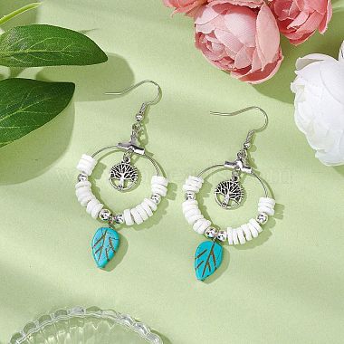 Natural Sea Shell Beads and Synthetical Dyed Turquoise Leaf Pendants Earrings(EJEW-JE05921)-2