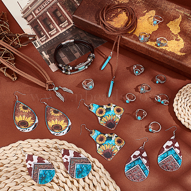 Elite Imitation Leather Oval & Teardrop Finger Rings & Multi-strand Bracelet & Dangle Earrings & Lariat Necklace with Synthetic Turquoise(SJEW-PH0001-12)-5