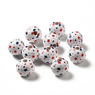 Independence Day Theme Printed Natural Wooden Beads, Round with Star Pattern, White, 16x14.5mm, Hole: 3.5mm(WOOD-L020-B05)