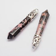Natural Rhodonite Big Pointed Pendants, with Alloy Findings, Bullet, Platinum, 57~63x13x10mm, Hole: 3x4mm(G-D860-C04-P)