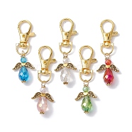 Angel Glass Pendant Decorations, with Alloy Swivel Lobster Claw Clasps, Mixed Color, Antique Golden, 64.5mm(HJEW-JM01357-02)