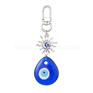 Evil Eye Lampwork Pendant Decorations, Alloy Sun & Swivel Clasps Charms for Bag Ornaments, Teardrop, 95mm, Pendant: 65x30x7(HJEW-JM01996-02)