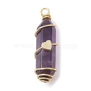 Natural Amethyst Copper Wire Wrapped Pointed Pendants, Faceted Bullet Charms with Golden Tone Brass Heart Beads, 34.5~37x10.5x12mm, Hole: 2.7mm(PALLOY-JF02462-02)