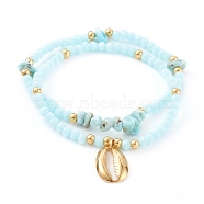 Stretch Bracelets Sets, with Glass Beads, Natural Larimar Chip Beads and 304 Stainless Steel Pendants, Cowrie Shell, Golden, Light Cyan, Inner Diameter: 2-1/8 inch(5.5cm), 2pcs/set(BJEW-JB06095-01)