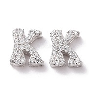 925 Sterling Silver Micro Pave Cubic Zirconia Beads, Real Platinum Plated, Letter K, 9x6x3.5mm,  Hole: 2.5x1.5mm(STER-Z005-15P-K)