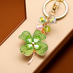 Saint Patrick's Day Alloy Rhinestone Clover Keychains, for Backpack, Keychain Decor, Lawn Green, 13.5cm(PW-WG93871-01)