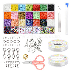 DIY Jewelry Set Making Kits, Including 8/0 Round Glass Seed Beads, Acrylic Beads, 10Pcs Tibetan Style Alloy Pendants, Elastic Crystal Thread, Test Tube, Tweezers, Scissors and Needles, Alloy Lobster Claw Clasp, Iron Earrings Hooks & Open Jump Rings, Brass Rings, Mixed Color, Beads: 5715pcs/set(DIY-YW0003-37)