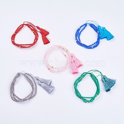 Glass Multi-strand Bracelets, with Brass Round Beads and Nylon Cord Tassel Pendants, Mixed Color, 2 inch(52mm)(BJEW-I237-01)