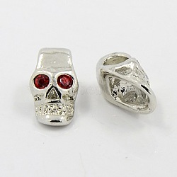 Alloy European Style Beads, for Halloween, with Rhinestone, Platinum Metal Color, Skull, Red, 16x9.4x8.2mm, Hole: 4mm(MPDL-Q003-4)