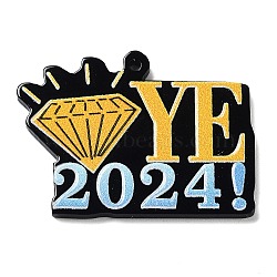 Single-sided Printed Acrylic Pendants, Number 2024 Charm, Gold, Diamond, 29.5x39.5x2.4mm, Hole: 1.6mm(MACR-G067-01A)