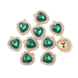 Alloy Rhinestone Charms, Heart, Light Gold, Emerald, 18x16x5mm, Hole: 1.4mm(ALRI-YW0001-01G)