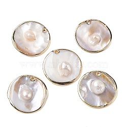 Shell Pearl Pendants, Flat Round Charm, with Golden Brass Edge, Seashell Color, 30x5~7mm, Hole: 1.8mm(SH-CBACA76-08)