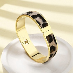 304 Stainless Steel Hinged Bangles for Women, with Leopard Print PU Leather Fur, Ion Plating(IP), Real 14K Gold Plated, 5/8 inch(1.5cm), Inner Diameter: 1-7/8x2-3/8 inch(4.8x6cm)(BJEW-K237-15G)