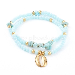Stretch Bracelets Sets, with Glass Beads, Natural Larimar Chip Beads and 304 Stainless Steeel Pendants, Cowrie Shell, Golden, Light Cyan, Inner Diameter: 2-1/8 inch(5.5cm), 2pcs/set(BJEW-JB06095-01)