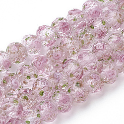 Handmade Gold Sand Lampwork Beads Strands, Inner Flower, Faceted Rondelle, Pink, 11~12x8~9mm, Hole: 1.6~2mm, about 45pcs/strand, 17.3 inch(LAMP-R141-12mm-11)