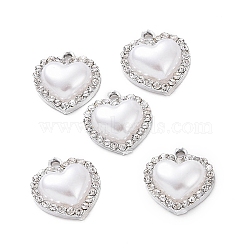 Alloy Rhinestone Pendants, with ABS Plastic Imitation Pearl Beads, Heart Charm, Platinum, 17x15.5x5mm, Hole: 1.8mm(ALRI-C008-72P)