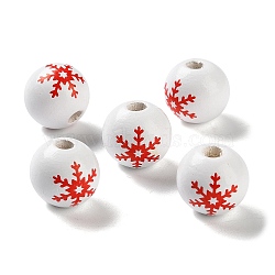 Printed Wood European Beads, Round with Snowflake, Red, 16x15mm, Hole: 4mm(WOOD-Z002-08E)