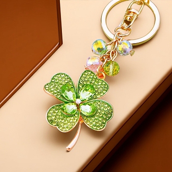 Saint Patrick's Day Alloy Rhinestone Clover Keychains, for Backpack, Keychain Decor, Lawn Green, 13.5cm