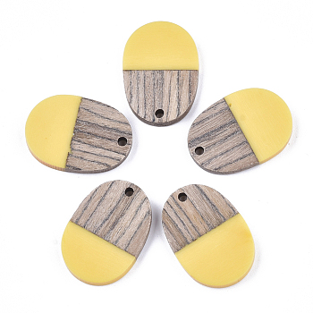 Resin & Wenge Wood Pendants, Oval, Yellow, 25x18x3~4mm, Hole: 2mm