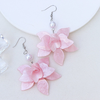 Bohemian Style Petal Patchwork Acrylic Flower Earrings with Water Ripple Design, Pink