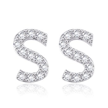 Brass Cubic Zirconia Stud Earrings, with Ear Nuts, Alphabet, Letter S, Clear, Platinum, 12x8x2.5mm, Pin: 0.7mm