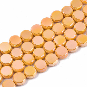 Electroplate Opaque Solid Color Glass Beads Strands, AB Color Plated, Faceted Flat Round, Orange, 8x4mm, Hole: 1.5mm, about 99~101pcs/strand, 27.76 inch~28.94 inch, (70.5cm~73.5cm)