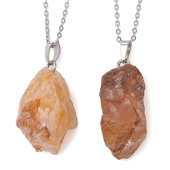 Natural Yellow Quartz Nugget Pendant Necklaces, with 304 Stainless Steel Cable Chains, 15.55~15.94 inch(39.5~40.5cm)