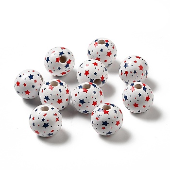 Independence Day Theme Printed Natural Wooden Beads, Round with Star Pattern, White, 16x14.5mm, Hole: 3.5mm