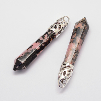 Natural Rhodonite Big Pointed Pendants, with Alloy Findings, Bullet, Platinum, 57~63x13x10mm, Hole: 3x4mm