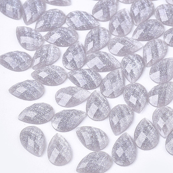 Resin Cabochons, with Glitter Powder, Faceted, teardrop, Dark Gray, 6x4x1.5mm