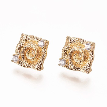 Brass Ear Stud Components, with Cubic Zirconia and Loop, Square, Real 18K Gold Plated, 14.5x14.5mm, Hole: 1mm, Pin: 0.8mm