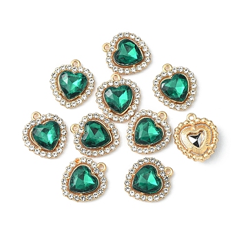 Alloy Rhinestone Charms, Heart, Light Gold, Emerald, 18x16x5mm, Hole: 1.4mm