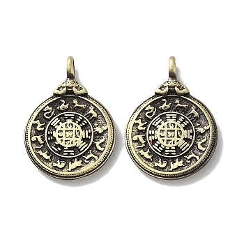 Tibetan Style Brass Pendants, Cadmium Free & Lead Free, Round with Animals, Antique Bronze, 14.5x10.5x1.5mm, Hole: 1.4mm