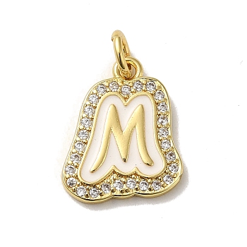 Brass Micro Pave Cubic Zirconia Pendants, with Jump Rings, Real 18K Gold Plated, Letter M, 17.5x15x2mm, Hole: 3.8mm
