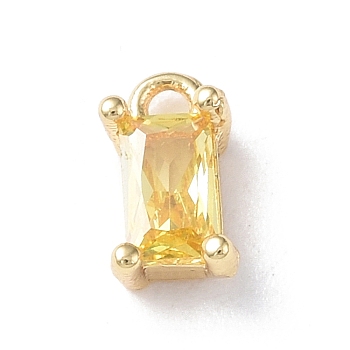 Brass Charms, with Glass, Rectangle Charm, Real 18K Gold Plated, Champagne Yellow, 8x4x3.5mm, Hole: 1.2mm