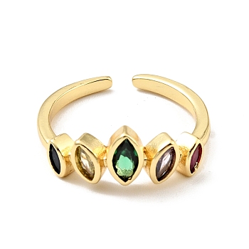 Cubic Zirconia Horse Eye Open Cuff Ring, Real 18K Gold Plated Brass Jewelry for Women, Cadmium Free & Lead Free, Colorful, US Size 5 3/4(16.3mm)