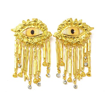Plastic Evil Eye Stud Earrings with Rhinestone, Alloy Tassel Earrings with Brass Pins, Golden, 88.5x50mm