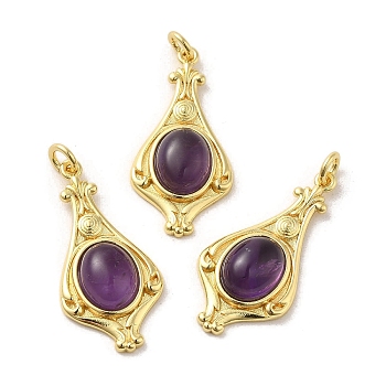 Natural Amethyst Pendants, Teardrop Charms with Rack Plating Platinum Tone Brass Findings, Cadmium Free & Lead Free, 30x14.5x5.7mm, Hole: 2.7mm