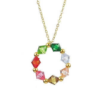 Colorful Acrylic Beaded Ring Pendant Necklaces, with Brass Cable Chains, Golden, 17.44 inch(44.3cm)