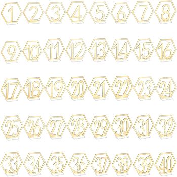 40Pcs Acrylic Display Holder Sets, Hexagon with Number1~40, Gold, 9.7~11x10.2x0.15~0.2cm, 1pc/number