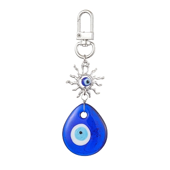 Evil Eye Lampwork Pendant Decorations, Alloy Sun & Swivel Clasps Charms for Bag Ornaments, Teardrop, 95mm, Pendant: 65x30x7